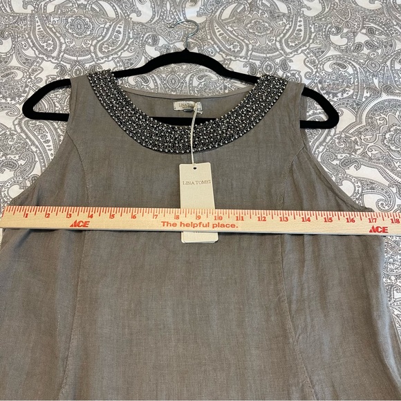 Lina Tomei 100% Linen Gray Sheath Dress Womens Medium Beaded Neck Stretch NWT - Picture 12 of 13